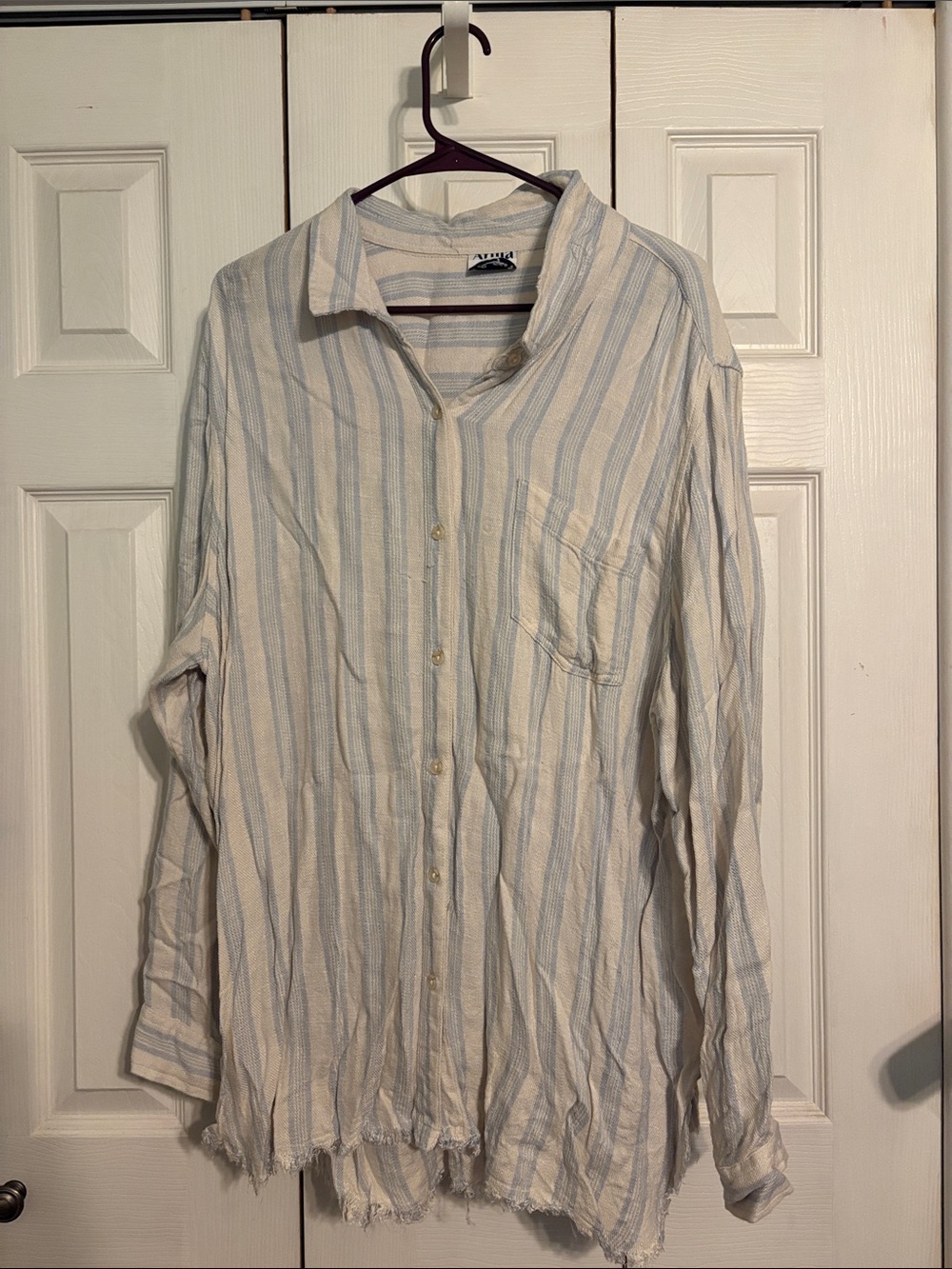 ARULA Blue and White Vertical Stripe Button-Down Top